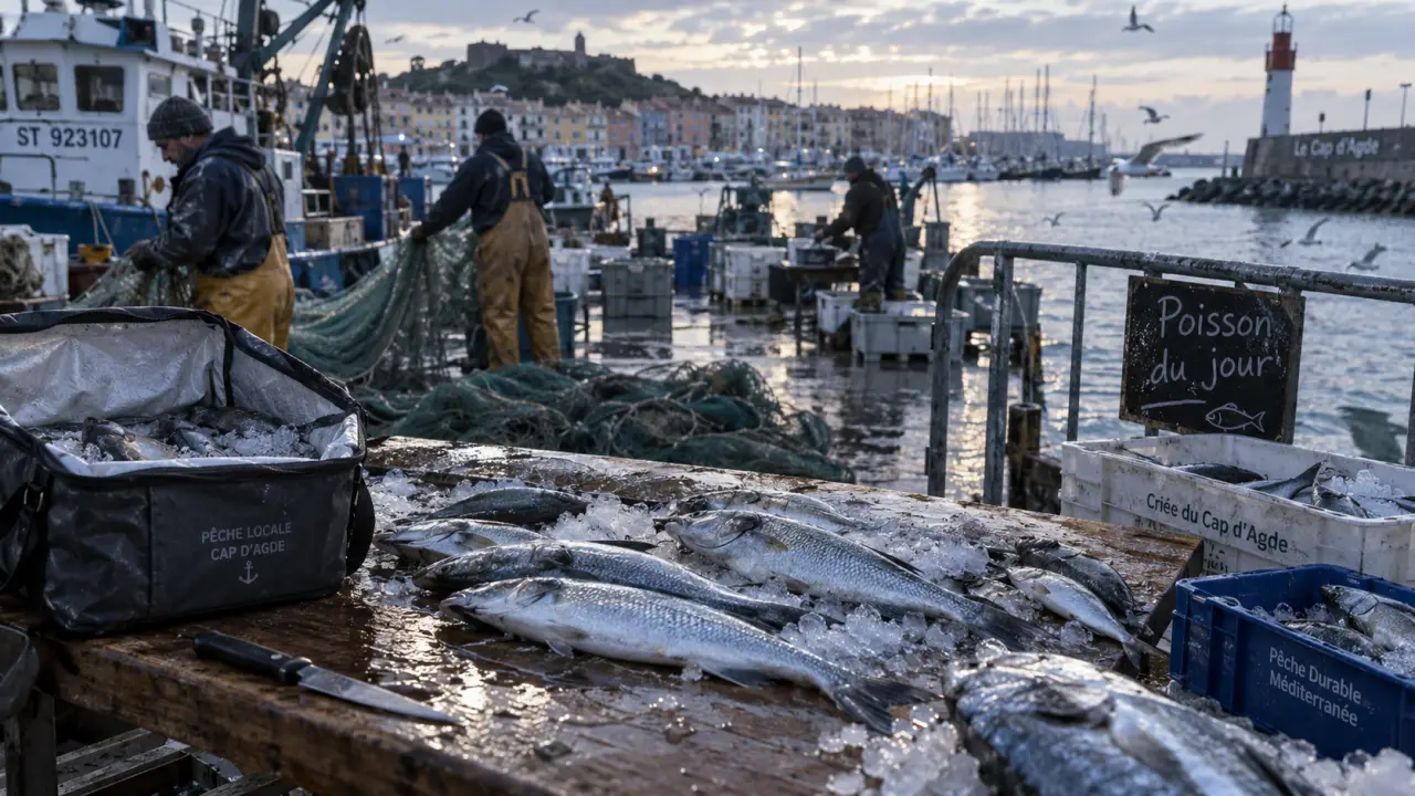 Vente poisson direct pêcheur Agde : étal de poisson du jour au port, glace et sac isotherme