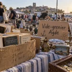Vide grenier à Agde ce week end : cartons et objets sur table