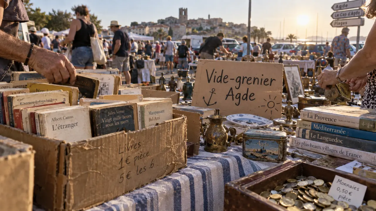 Vide grenier à Agde ce week end : cartons et objets sur table